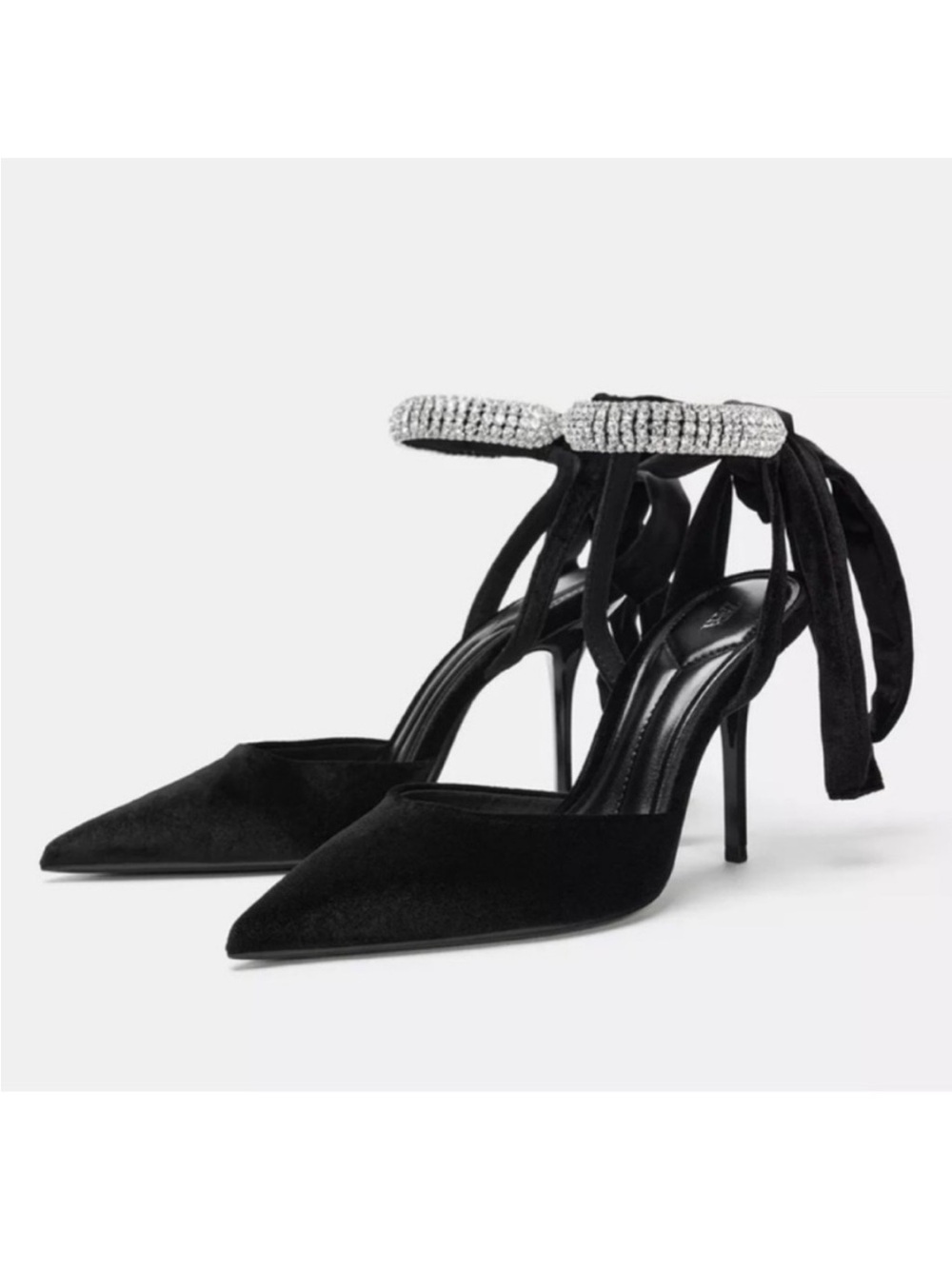 Zara Black Pointed Pumps with Crystal Ankle Straps